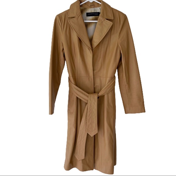 Kenneth Cole Jackets & Blazers - Kenneth Cole leather trench coat belted tie waist snap caramel camel long medium